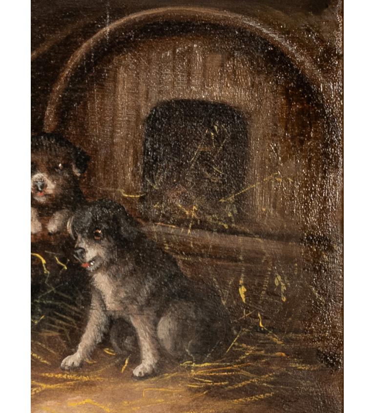 Antique Oil Painting Three Terrier Puppies Dogs In a Stable With a Caged Rat by George Armfield 1860