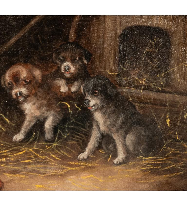 Antique Oil Painting Three Terrier Puppies Dogs In a Stable With a Caged Rat by George Armfield 1860