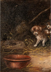 Antique Oil Painting Three Terrier Puppies Dogs In a Stable With a Caged Rat by George Armfield 1860