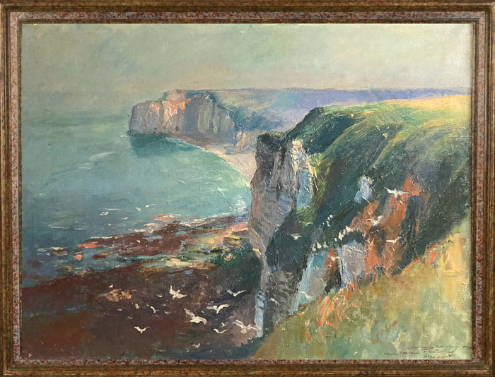 Antique French School Oil Painting on Canvas Cliffs at Etretat Normandy France  by Raimond Louis Lecourt  1910