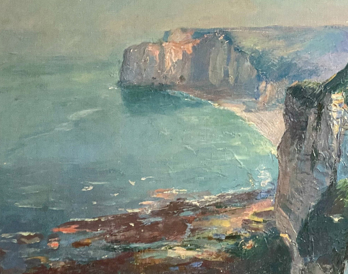 Antique French School Oil Painting on Canvas Cliffs at Etretat Normandy France  by Raimond Louis Lecourt  1910