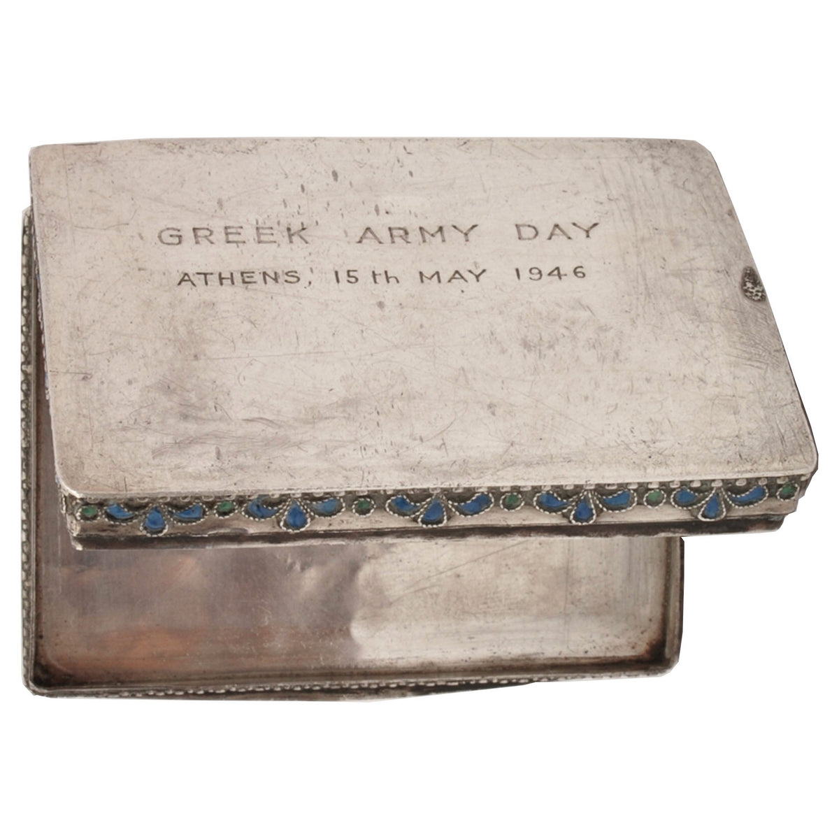 Antique Greek Civil War Pure Silver Cloisonne Case Engraved Athens Army Day 1946