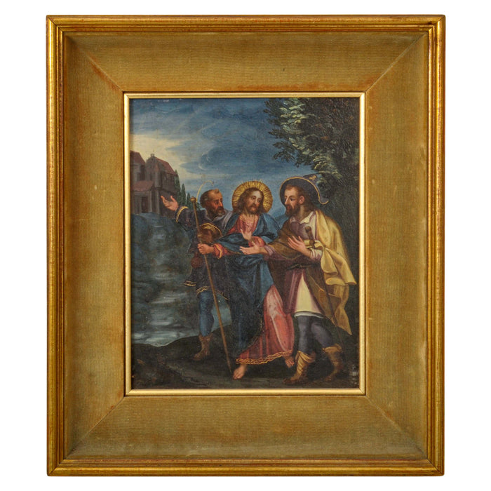 18th Century Italian Old Master Tempera on Panel Painting "Jesus Road to Emmaus" Circa 1700