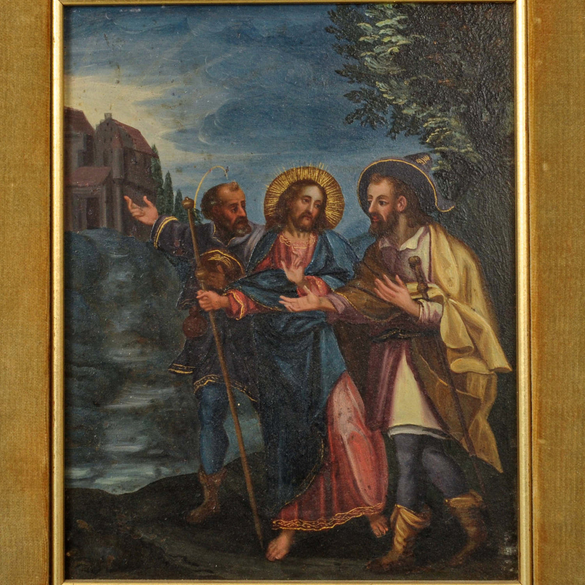 18th Century Italian Old Master Tempera on Panel Painting "Jesus Road to Emmaus" Circa 1700