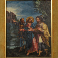 18th Century Italian Old Master Tempera on Panel Painting "Jesus Road to Emmaus" Circa 1700