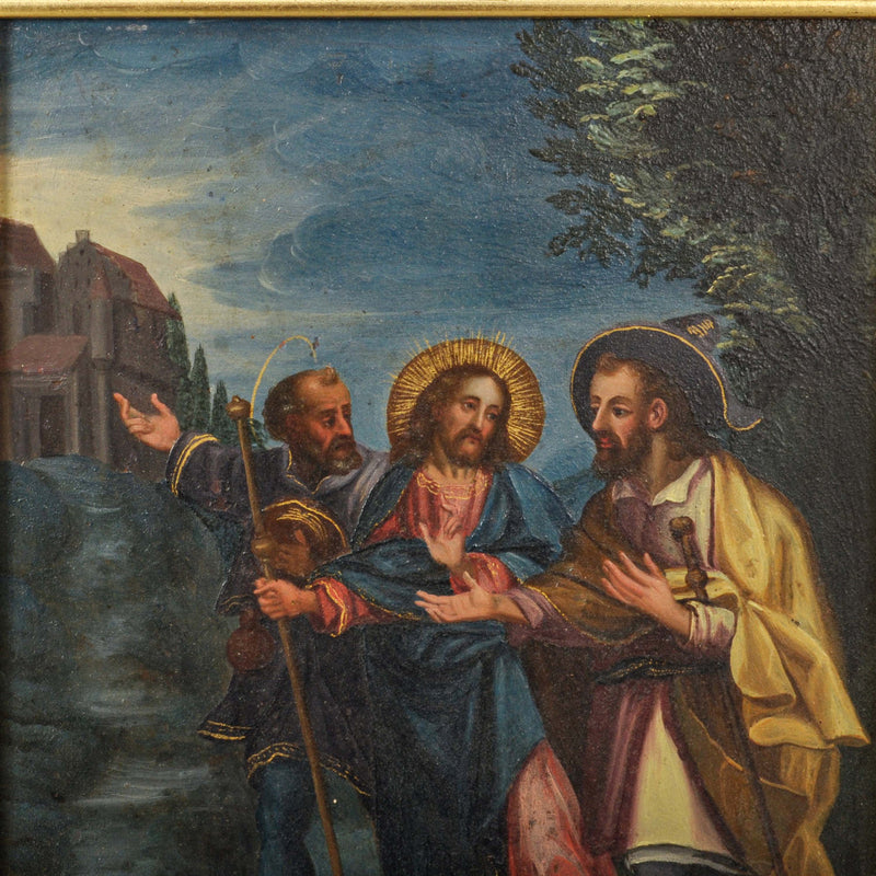 18th Century Italian Old Master Tempera on Panel Painting "Jesus Road to Emmaus" Circa 1700