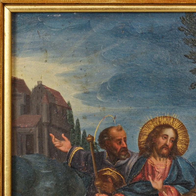 18th Century Italian Old Master Tempera on Panel Painting "Jesus Road to Emmaus" Circa 1700