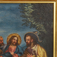 18th Century Italian Old Master Tempera on Panel Painting "Jesus Road to Emmaus" Circa 1700