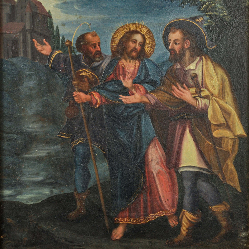 18th Century Italian Old Master Tempera on Panel Painting "Jesus Road to Emmaus" Circa 1700