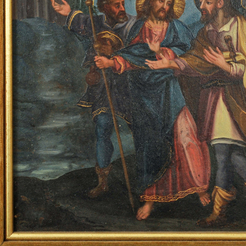 18th Century Italian Old Master Tempera on Panel Painting "Jesus Road to Emmaus" Circa 1700