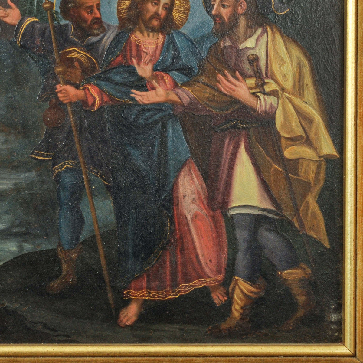 18th Century Italian Old Master Tempera on Panel Painting "Jesus Road to Emmaus" Circa 1700