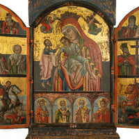 Antique 18thC Greek Orthodox Triptych Icon Virgin Mary & Saints Egg Tempera 1700