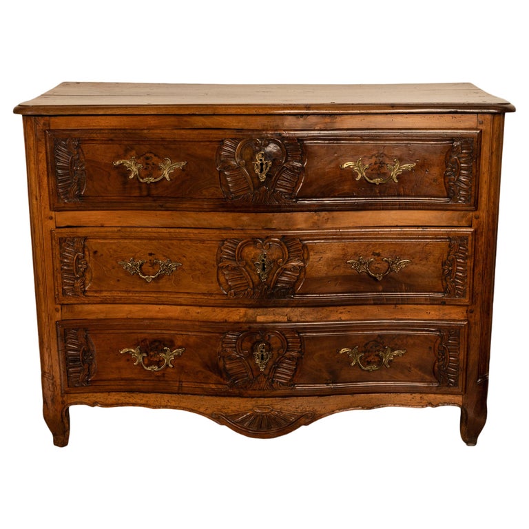 Antique French Regence Carved Walnut Provincial 3 Drawer Commode Chest Lyon 1730