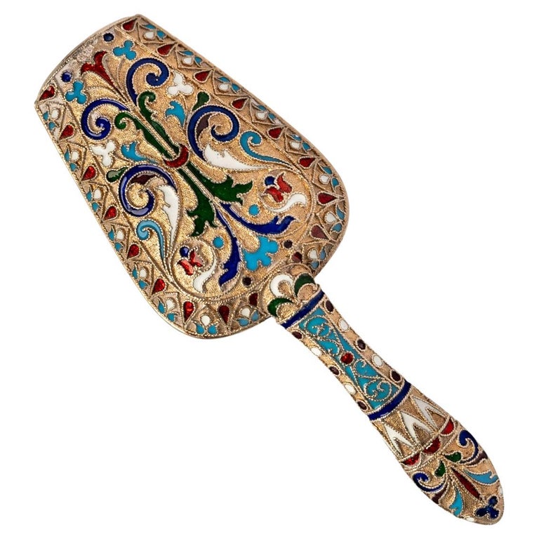 Antique Imperial Russian Silver Gilt Cloisonne Enamel Caddy Spoon Moscow 1890