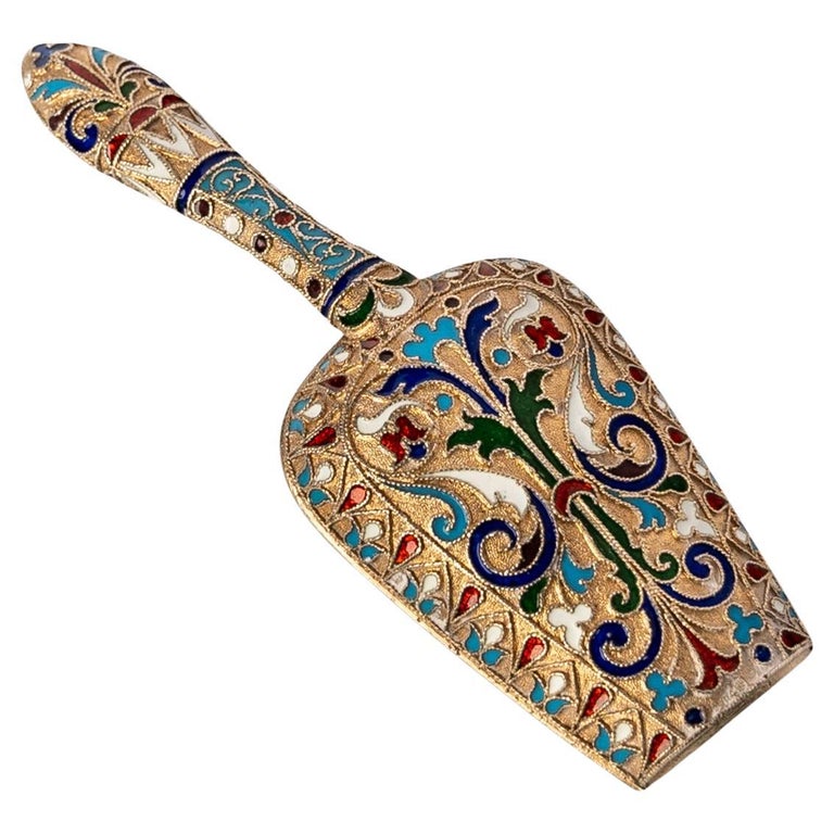 Antique Imperial Russian Silver Gilt Cloisonne Enamel Caddy Spoon Moscow 1890