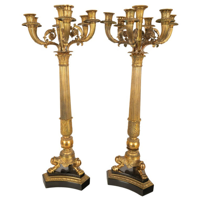 Pair Large Antique French Restoration Gilt Bronze Ormolu Marble Candelabra 1815