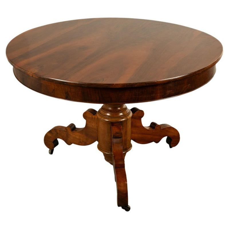 Antique Round Carved French Walnut Pedestal Tripod Dining Center Table 1850