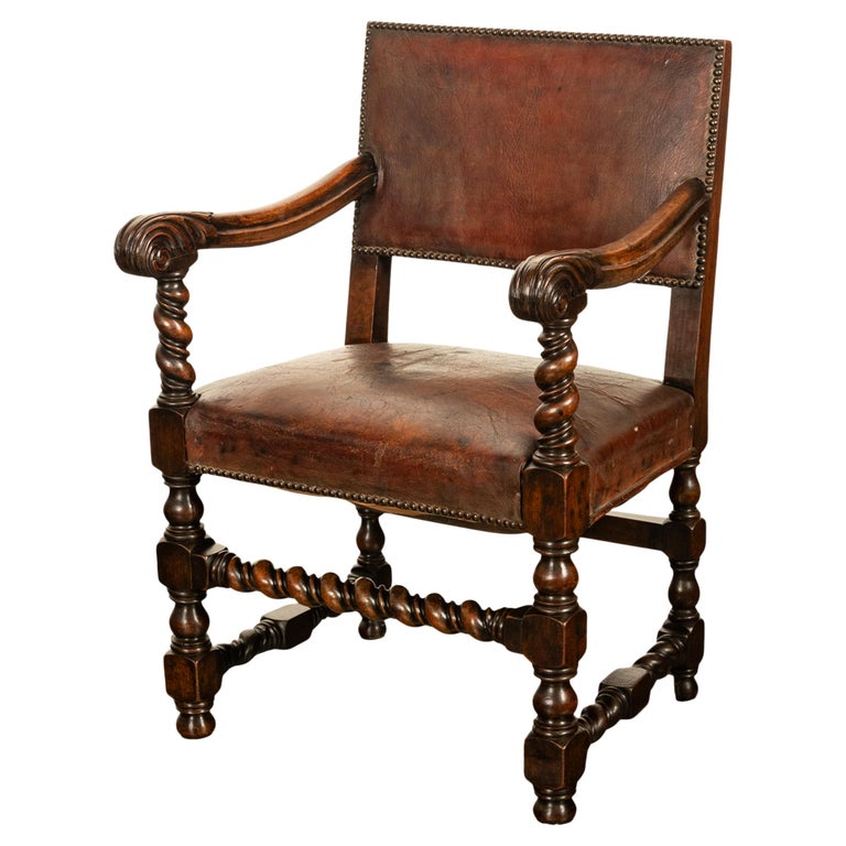 Antique Italian Baroque Leather & Barley Twist Carved Mahogany Arm Chair 1820