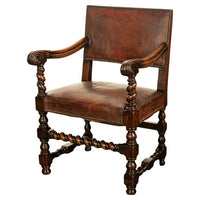 Antique Italian Baroque Leather & Barley Twist Carved Mahogany Arm Chair 1820