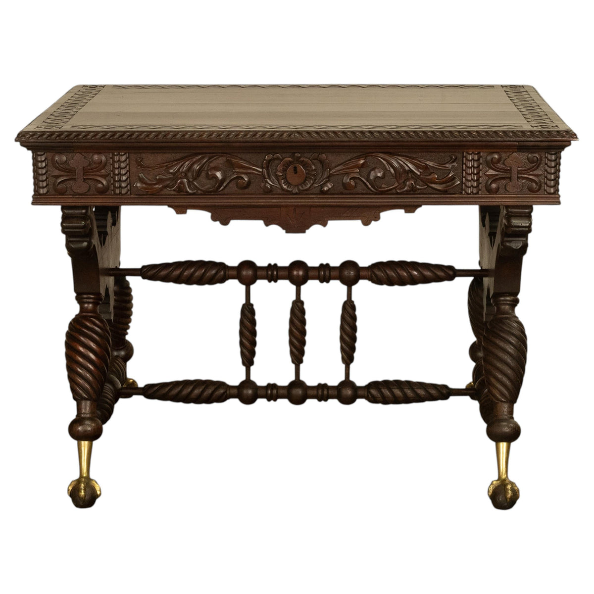 Aesthetic Movement Merklen Brothers Carved Walnut Library Table Desk NY 1890
