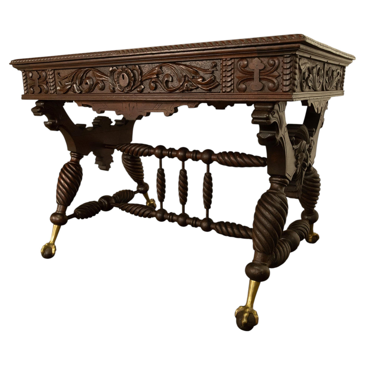 Aesthetic Movement Merklen Brothers Carved Walnut Library Table Desk NY 1890