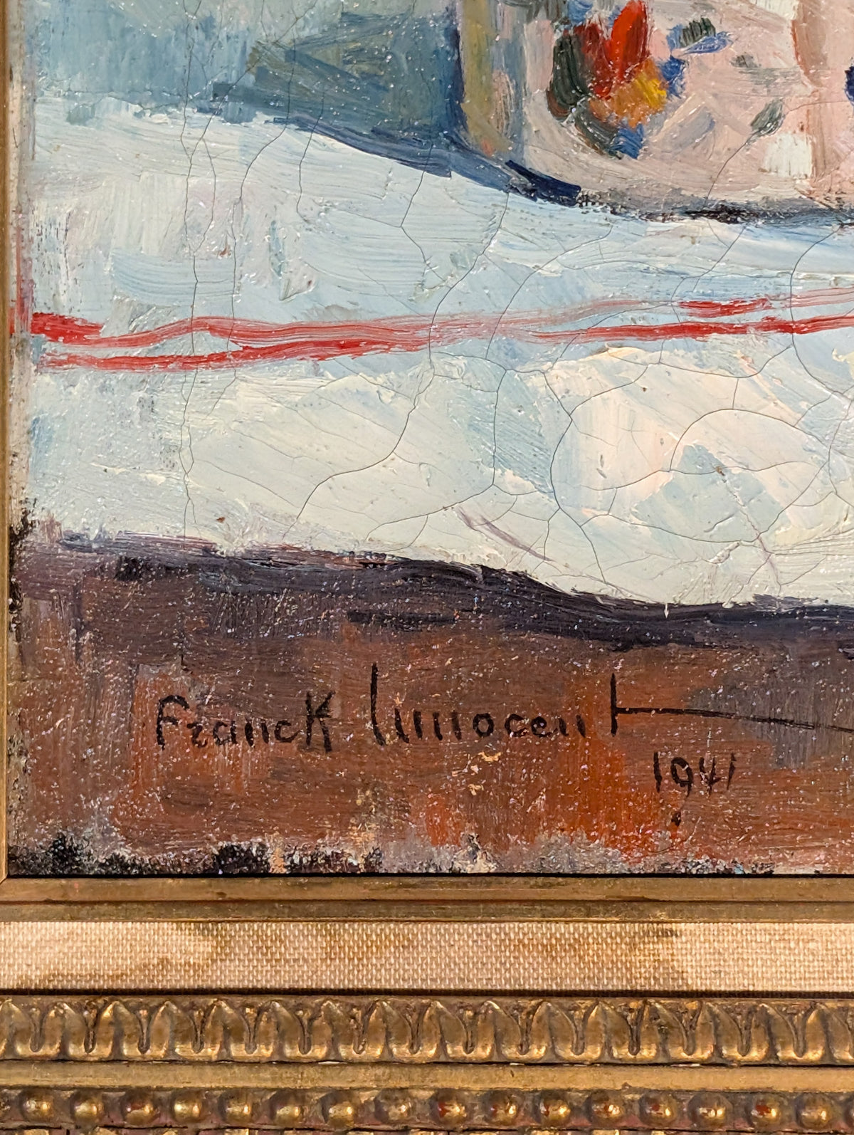 French Normandy School Post-Impressionist Oil on Canvas Still Life Flowers Fruit by Franck Innocent, 1941