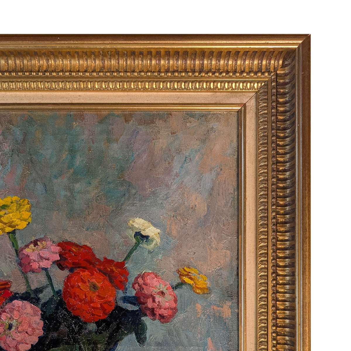 French Normandy School Post-Impressionist Oil on Canvas Still Life Flowers Fruit by Franck Innocent, 1941