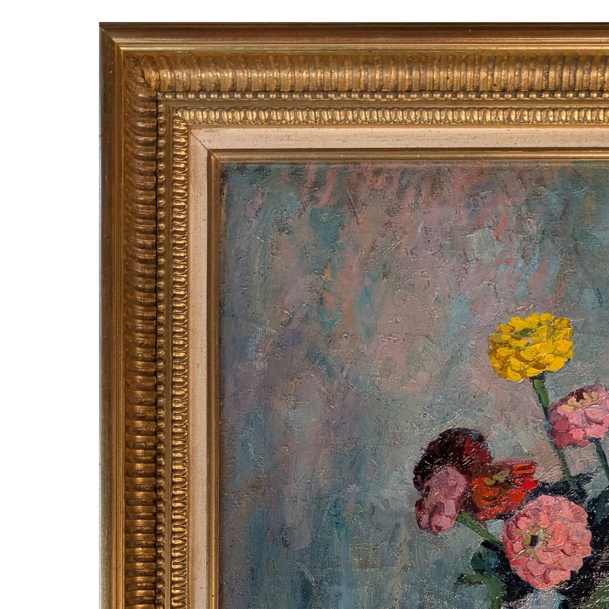 French Normandy School Post-Impressionist Oil on Canvas Still Life Flowers Fruit by Franck Innocent, 1941