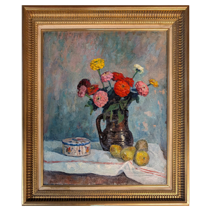 French Normandy School Post-Impressionist Oil on Canvas Still Life Flowers Fruit by Franck Innocent, 1941