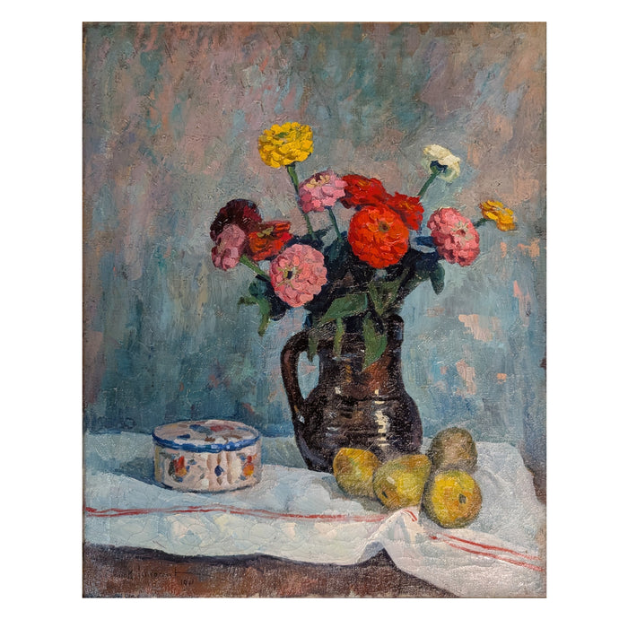 French Normandy School Post-Impressionist Oil on Canvas Still Life Flowers Fruit by Franck Innocent, 1941