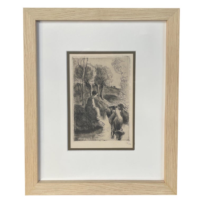 Antique Etching Aquatint "Vachère au Bord de L'Eau" Edition # 75 of Edition 100  by Camille Pissarro 1890