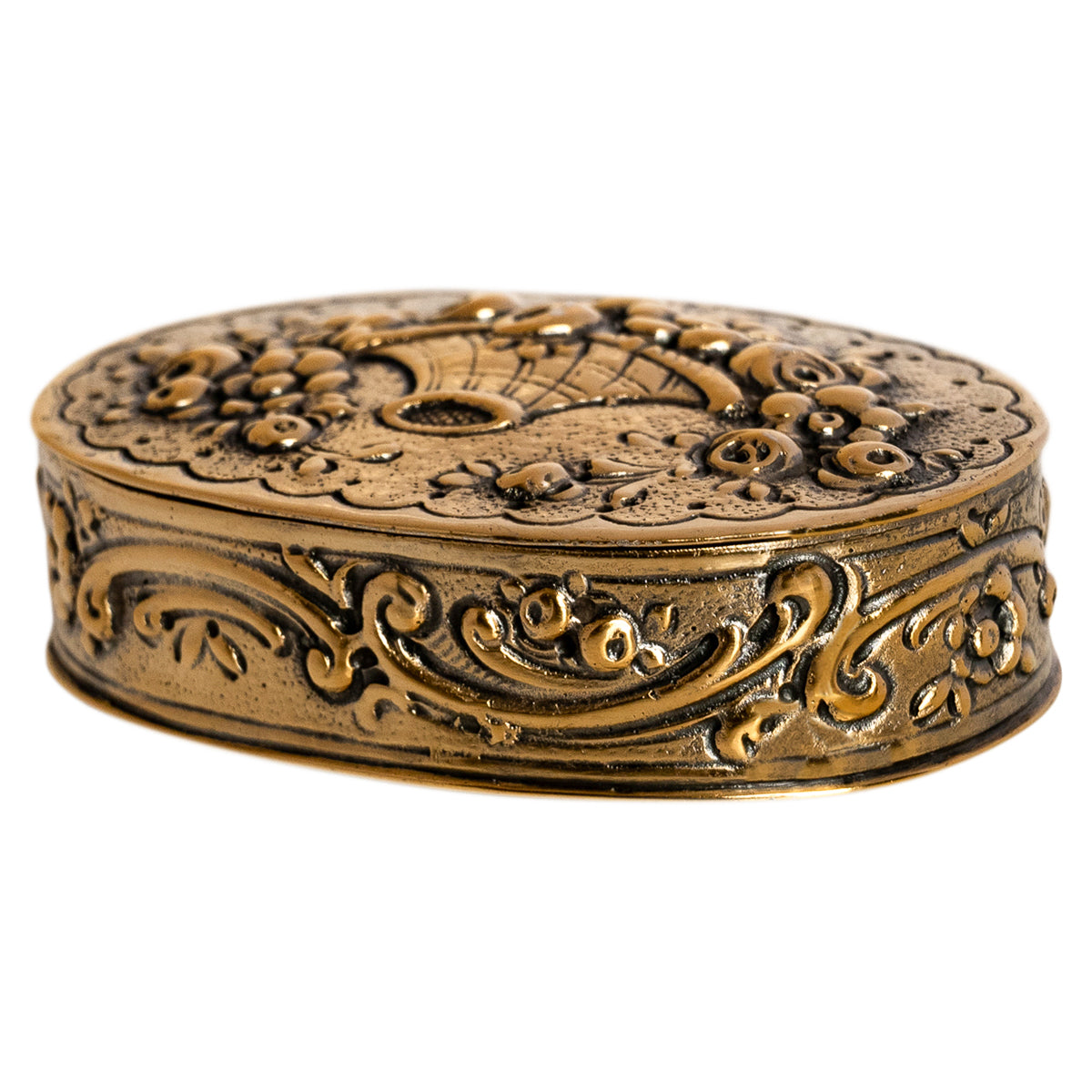 Antique German Sterling Gilt Silver Floral Engraved Repousse Snuff Pill Box 1880