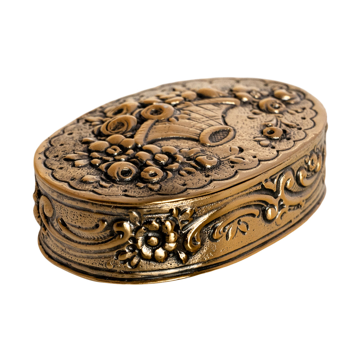 Antique German Sterling Gilt Silver Floral Engraved Repousse Snuff Pill Box 1880