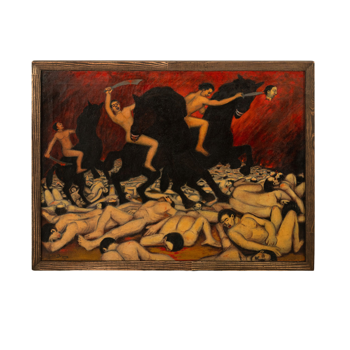 Oil Painting Puerto Rican Outsider Latin American Art "Horsemen of Apocalypse" by Juan De Prey, 1932