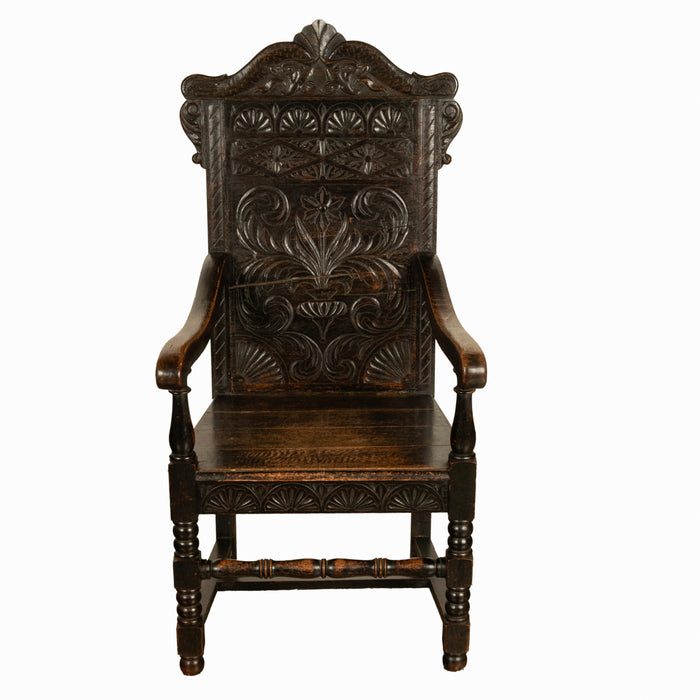 Antique 17th Century English Charles II Oak Carved Wainscot Armchair 1680