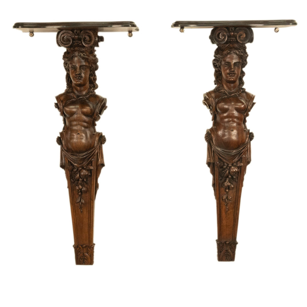 Antique 19thC Italian Carved Walnut Renaissance Revival Pair Caryatid Brackets, Circa 1850