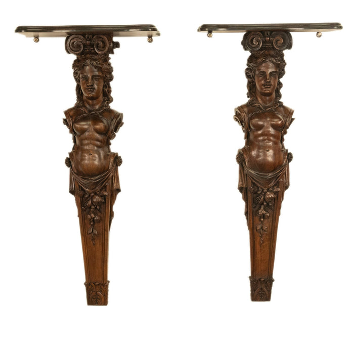 Antique 19thC Italian Carved Walnut Renaissance Revival Pair Caryatid Brackets, Circa 1850