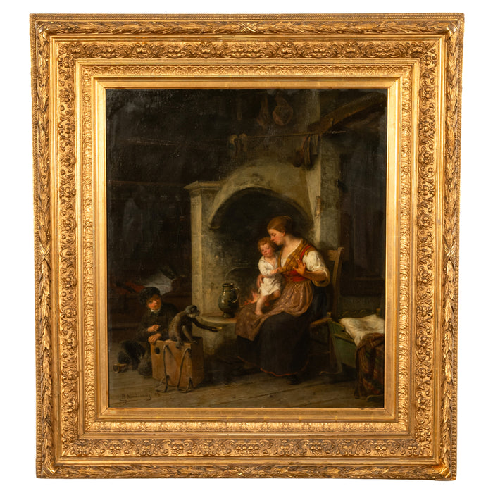 Antique Swedish Oil Canvas Painting Romantic Interior Family Scene Monkey by Bengt Nordenberg 1883