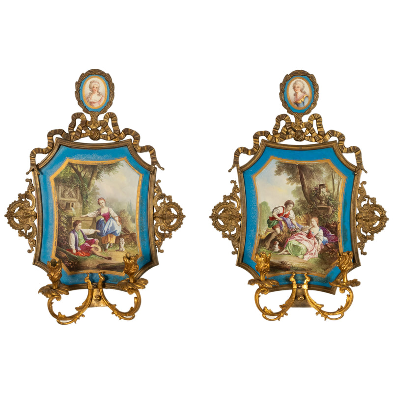 Pair Antique French Sevres Porcelain Portrait Miniatures Ormolu Wall Sconces Candle Lights 1880