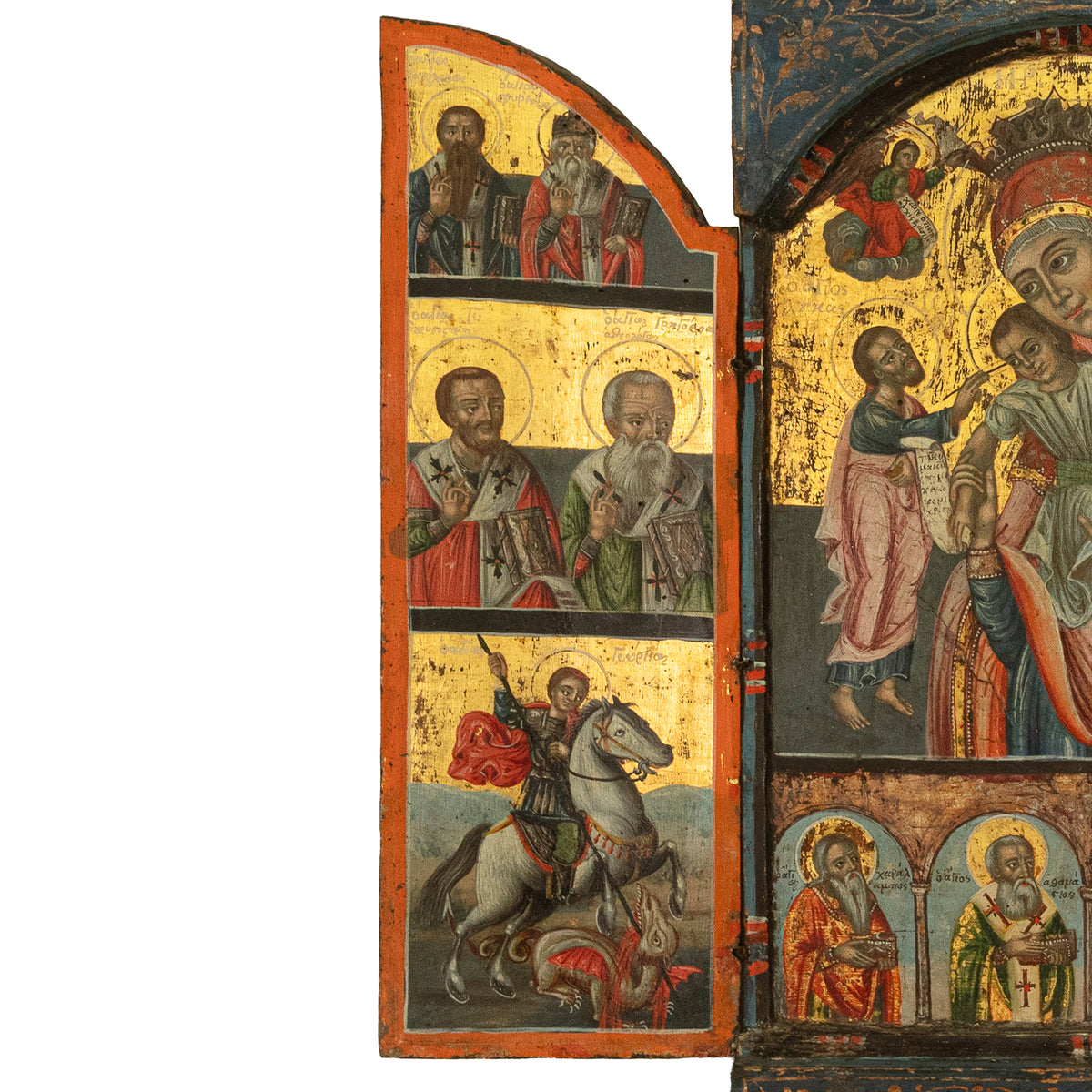 Antique 18thC Greek Orthodox Triptych Icon Virgin Mary & Saints Egg Tempera 1700
