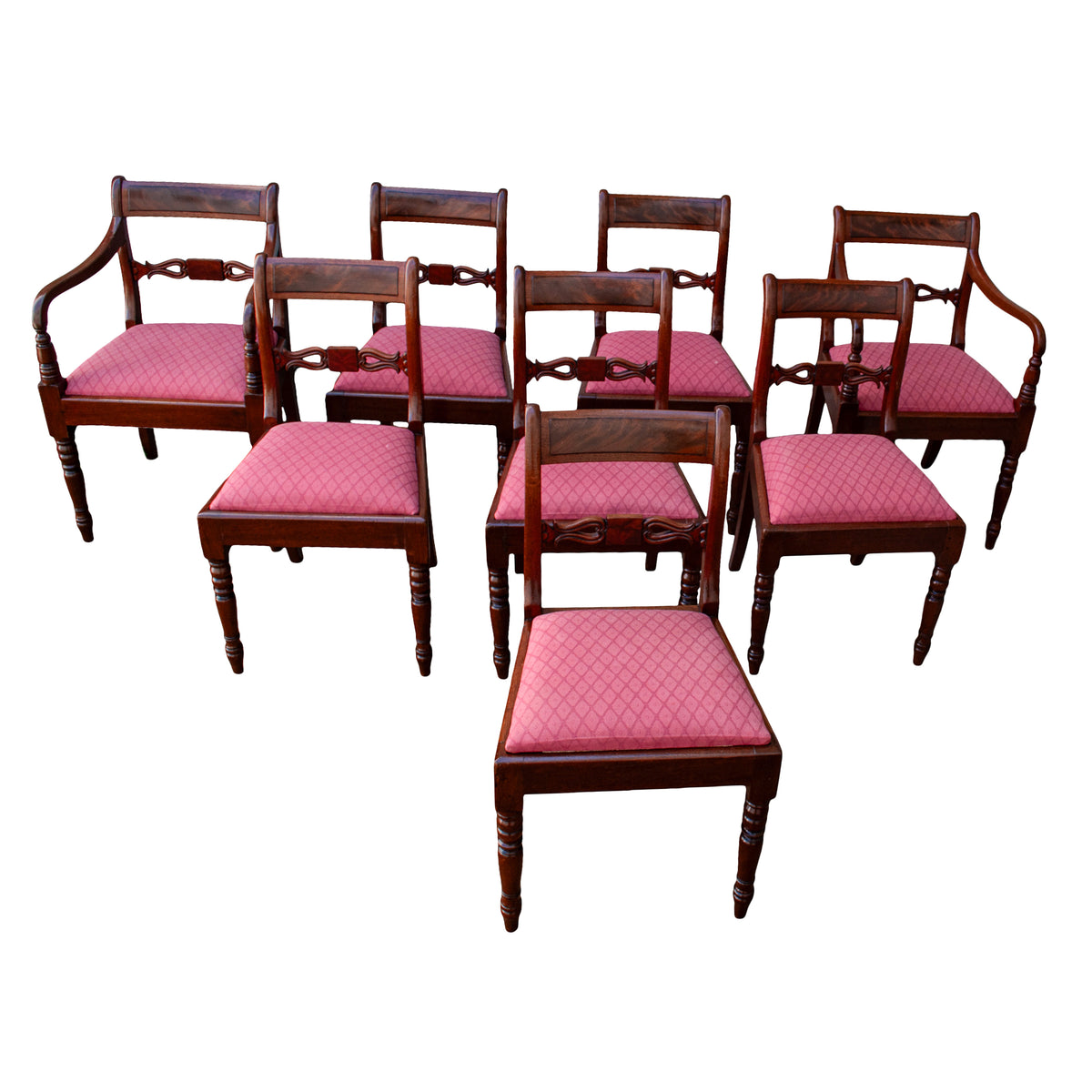 Antique Set Eight Georgian Regency Flame Mahogany Dining Chairs Armchairs 1820