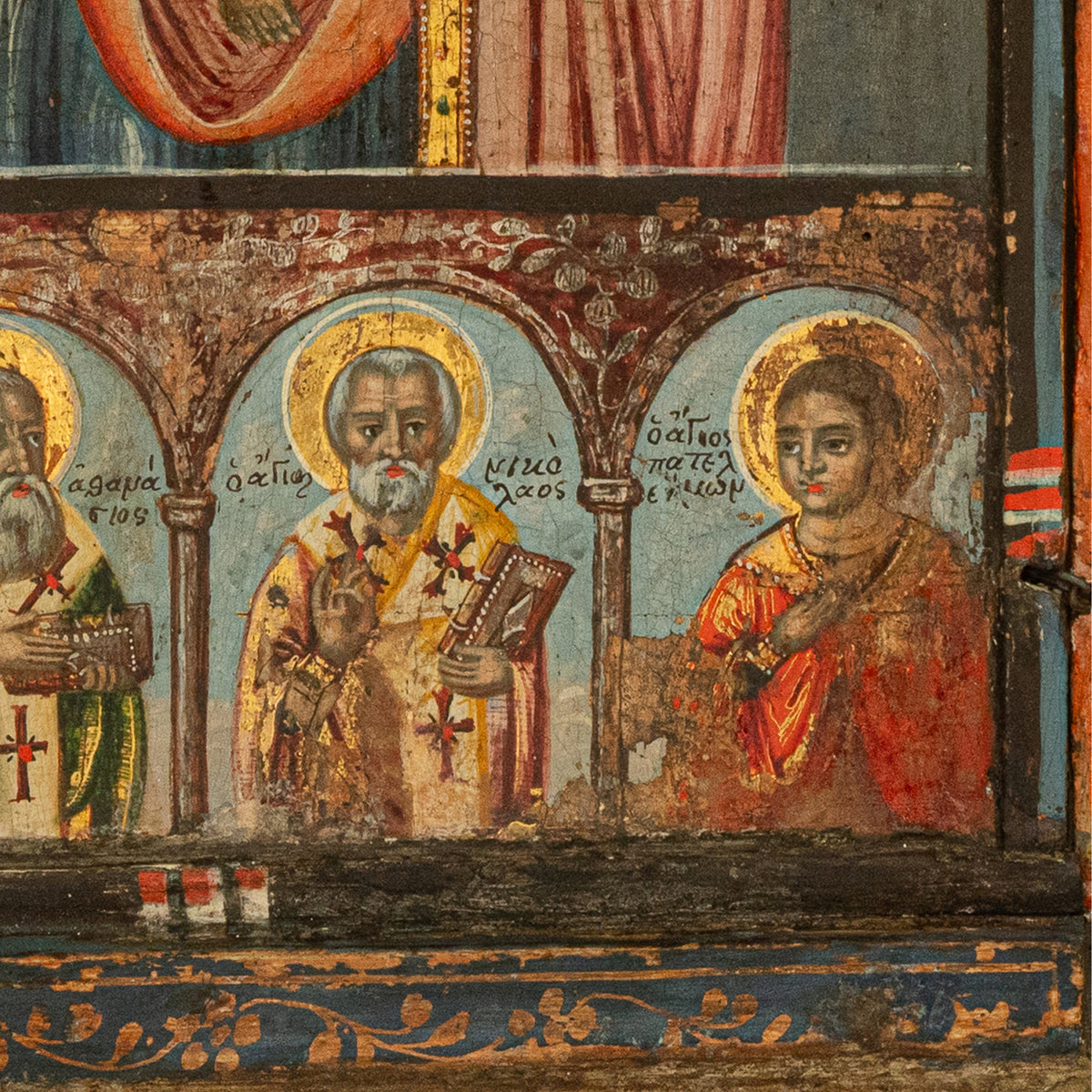 Antique 18thC Greek Orthodox Triptych Icon Virgin Mary & Saints Egg Tempera 1700