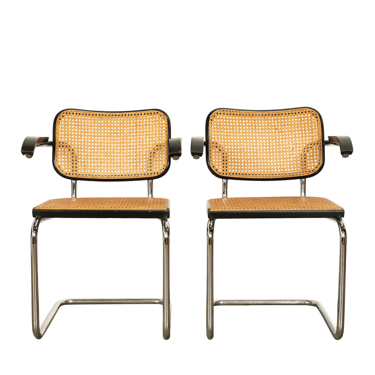 Pair of Mid Century Cesca Armchairs Marcel Breuer Knoll Cane Tubular Steel 1974