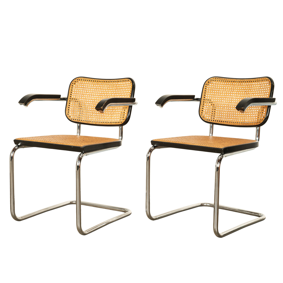 Pair of Mid Century Cesca Armchairs Marcel Breuer Knoll Cane Tubular Steel 1974