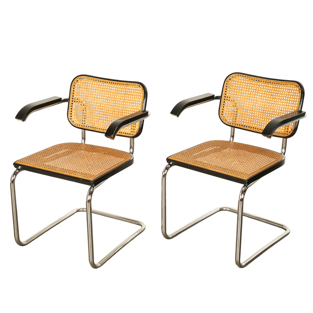 Pair of Mid Century Cesca Armchairs Marcel Breuer Knoll Cane Tubular Steel 1974