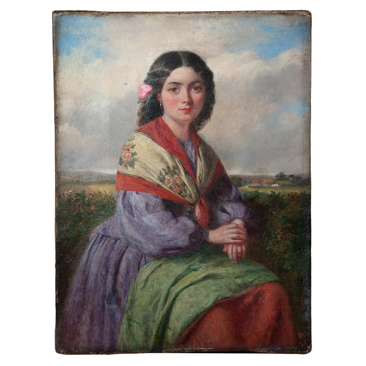 Antique 19th Century Realism Landscape Portrait Oil Painting of a Beautiful Young Woman by Haynes King, 1860