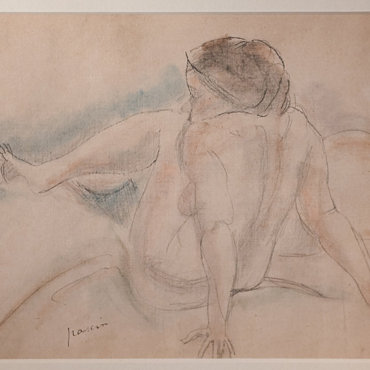 French Expressionist Original Colored Drawing Painting Seated Nude Young Woman by Jules Pascin, 1920