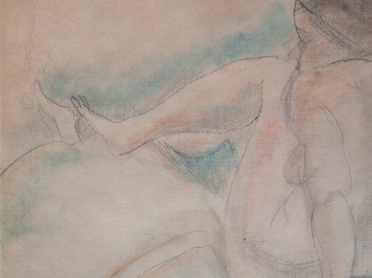 French Expressionist Original Colored Drawing Painting Seated Nude Young Woman by Jules Pascin, 1920
