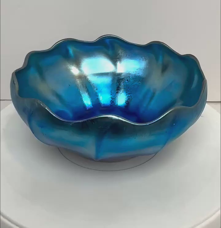Antique Tiffany Studios Blue Iridescent Favrile Art Glass Bowl Signed "LCT" 1905
