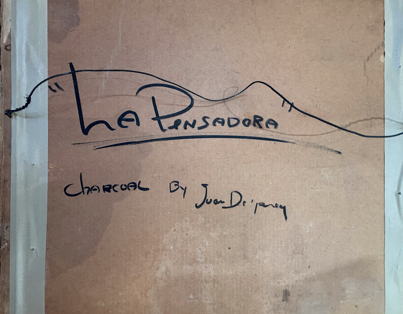 Large Charcoal Portrait Girl Writing Letter La Pensadora The Thinker Puerto Rico by Juan De Prey, 1930